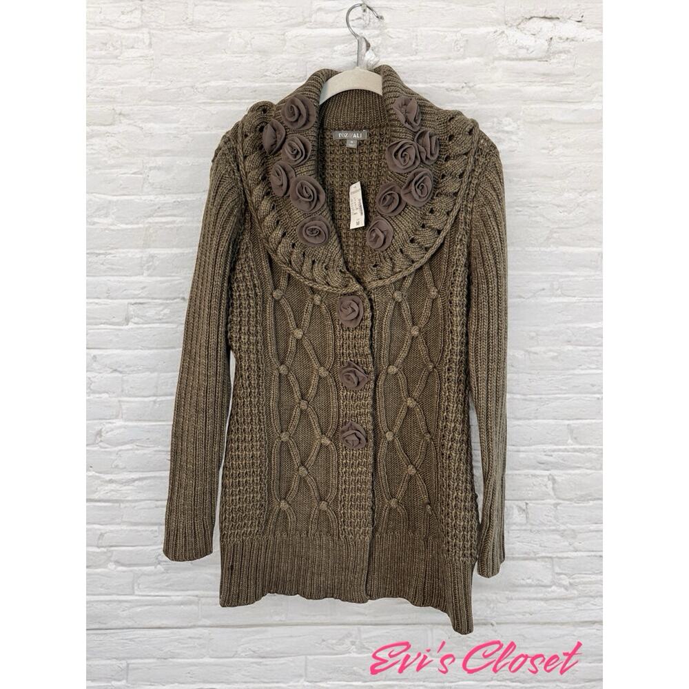 Roz & Ali Woman’s Cardigan Floral Flower Chiffon Buttons Chunky Brown Sz M NWT